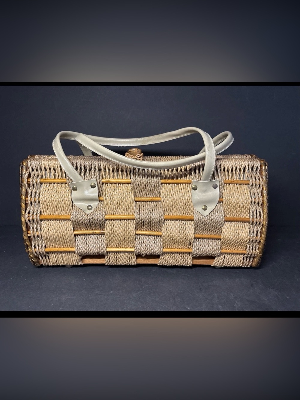 Vintage Olympic Wicker Box Purse Barrel Bag Mid Century Coquette Cottage - Picture 2 of 13